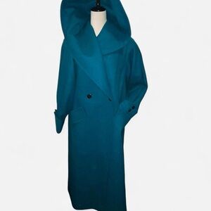 Vintage Hooded Virgin Wool Coat – Teal / Peacock Blue Med
